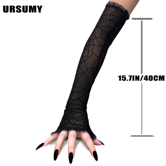 Long Black Opera Lace Gloves - Fingerless Evening Gloves for Women Spider Web - Picture 5 of 6
